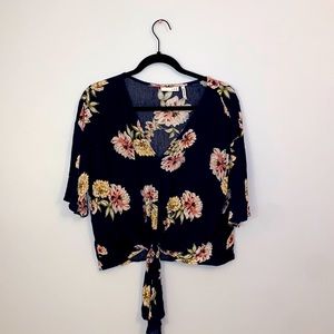 Dark Navy Floral Tie Front Crop